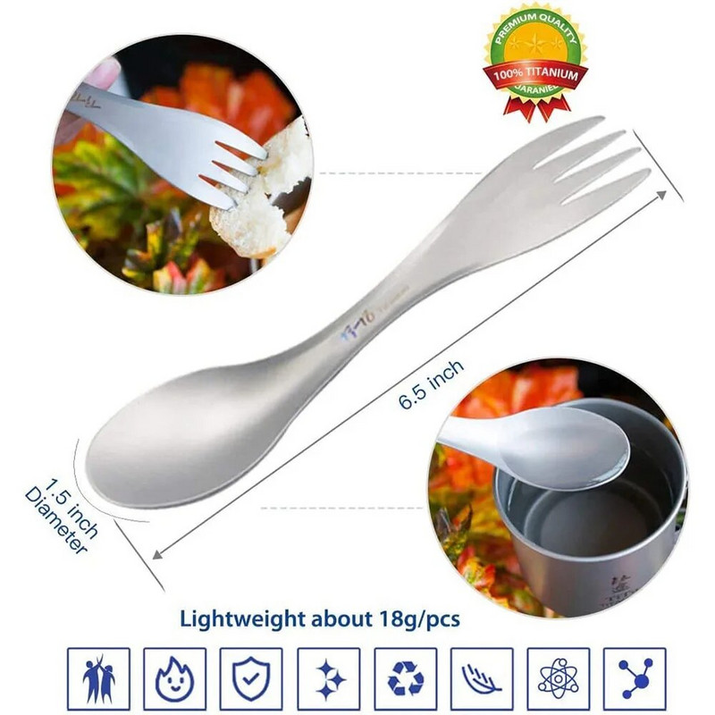 „Titanium Spork“ šaukštas „du viename“ itin lengvi virtuvės reikmenys, nešiojami šakutės peiliai, lauko stovyklavietės, iškylos, žygiai, kelionės, ekologiški stalo įrankiai