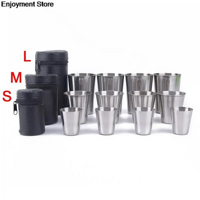 30ml/70ml/170ml Outdoor Camping Cup Tableware Travel Cups Set Stainless Steel Cover Mug Drinking Coffee Tea Beer With Case