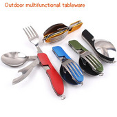Set de tacâmuri pliabile din oțel inoxidabil, 4 în 1, multifuncțional, pentru camping, picnic, veselă pliabilă, cuțit, furculiță, deschizător de sticle