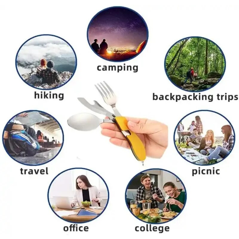 4-ühes multifunktsionaalne välikämpingu pikniku lauanõud Kokkupandav lusikas, nuga, kahvel pudeliavaja, roostevabast terasest kokkupandav söögiriistade komplekt