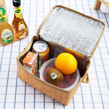 Φορητή ψάθινη τσάντα πικνίκ εξωτερικού χώρου από μπαστούνι Αδιάβροχο επιτραπέζιο σκεύος μονωμένο θερμικό ψυγείο Καλάθι δοχείου τροφίμων για κάμπινγκ πικνίκ