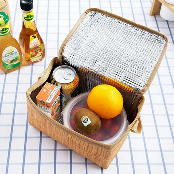Φορητή ψάθινη τσάντα πικνίκ εξωτερικού χώρου από μπαστούνι Αδιάβροχο επιτραπέζιο σκεύος μονωμένο θερμικό ψυγείο Καλάθι δοχείου τροφίμων για κάμπινγκ πικνίκ