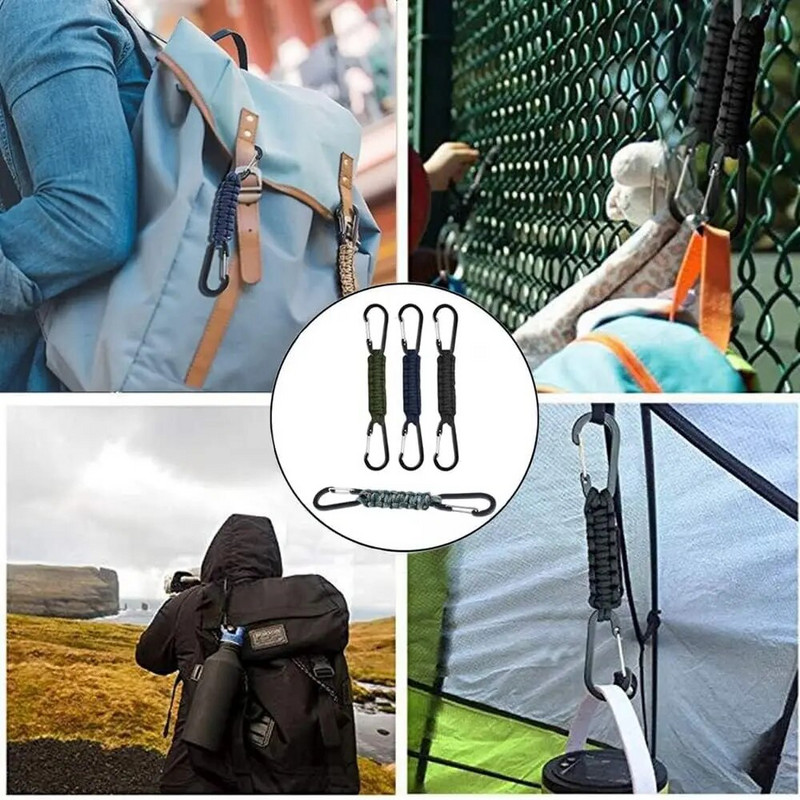 Paracord privjesak za ključeve, karabiner, dvostruki D prstenovi, pleteni lanyard privjesak za ključeve za kampiranje na otvorenom, planinarenje, boca za vodu, ruksak, kopča, alati