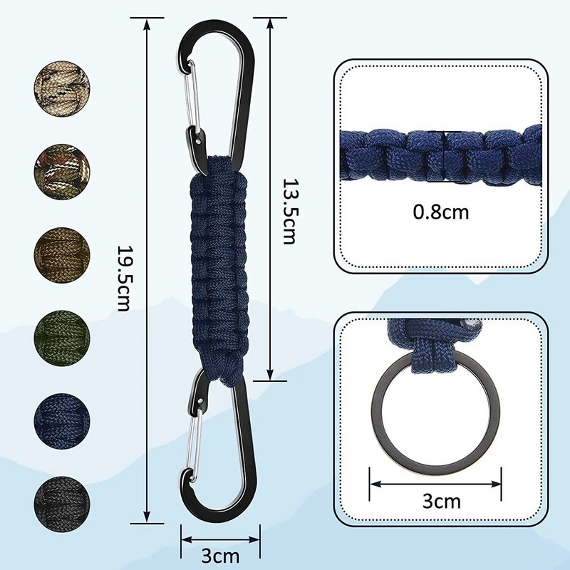 Paracord privjesak za ključeve, karabiner, dvostruki D prstenovi, pleteni lanyard privjesak za ključeve za kampiranje na otvorenom, planinarenje, boca za vodu, ruksak, kopča, alati
