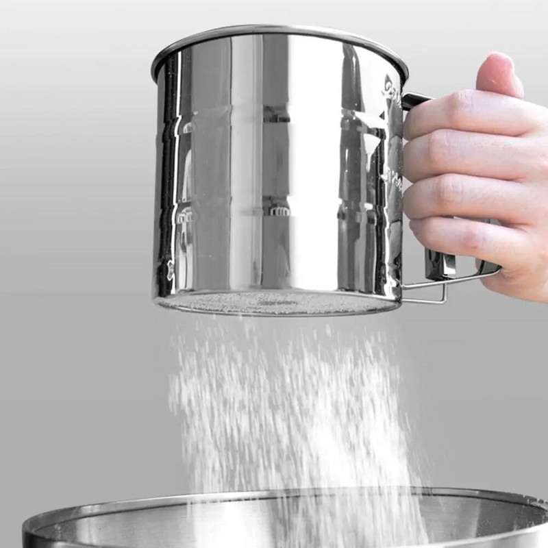 Kepimo miltų sietelis, dvigubo sluoksnio smulkaus tinklelio miltelinio cukraus plaktuvas Duster rankinis nerūdijančio plieno pyrago miltų sieto įrankis