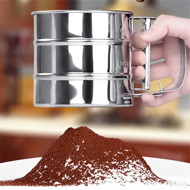 Kepimo miltų sietelis, dvigubo sluoksnio smulkaus tinklelio miltelinio cukraus plaktuvas Duster rankinis nerūdijančio plieno pyrago miltų sieto įrankis