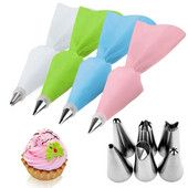 8 tk/kott Silikoonist glasuurist kondiitritoodete kott + 6 roostevabast terasest koogiotsikut + 1 koogikaunistuskonverter, koogitööriistad