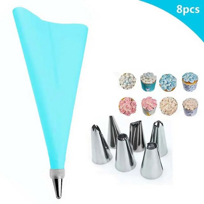 8 tk/kott Silikoonist glasuurist kondiitritoodete kott + 6 roostevabast terasest koogiotsikut + 1 koogikaunistuskonverter, koogitööriistad