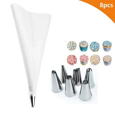 8 tk/kott Silikoonist glasuurist kondiitritoodete kott + 6 roostevabast terasest koogiotsikut + 1 koogikaunistuskonverter, koogitööriistad