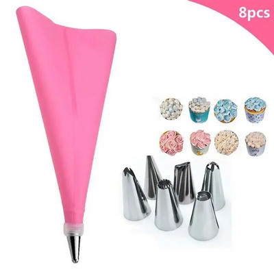 8 tk/kott Silikoonist glasuurist kondiitritoodete kott + 6 roostevabast terasest koogiotsikut + 1 koogikaunistuskonverter, koogitööriistad