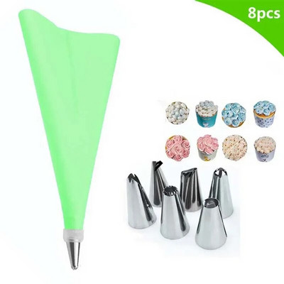 8 tk/kott Silikoonist glasuurist kondiitritoodete kott + 6 roostevabast terasest koogiotsikut + 1 koogikaunistuskonverter, koogitööriistad