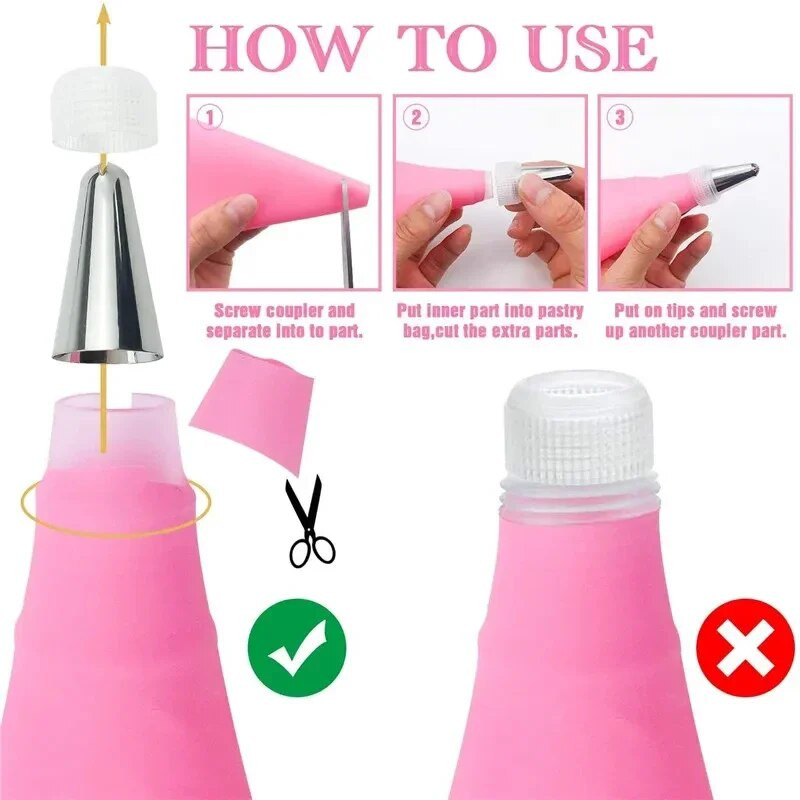 8 tk/kott Silikoonist glasuurist kondiitritoodete kott + 6 roostevabast terasest koogiotsikut + 1 koogikaunistuskonverter, koogitööriistad