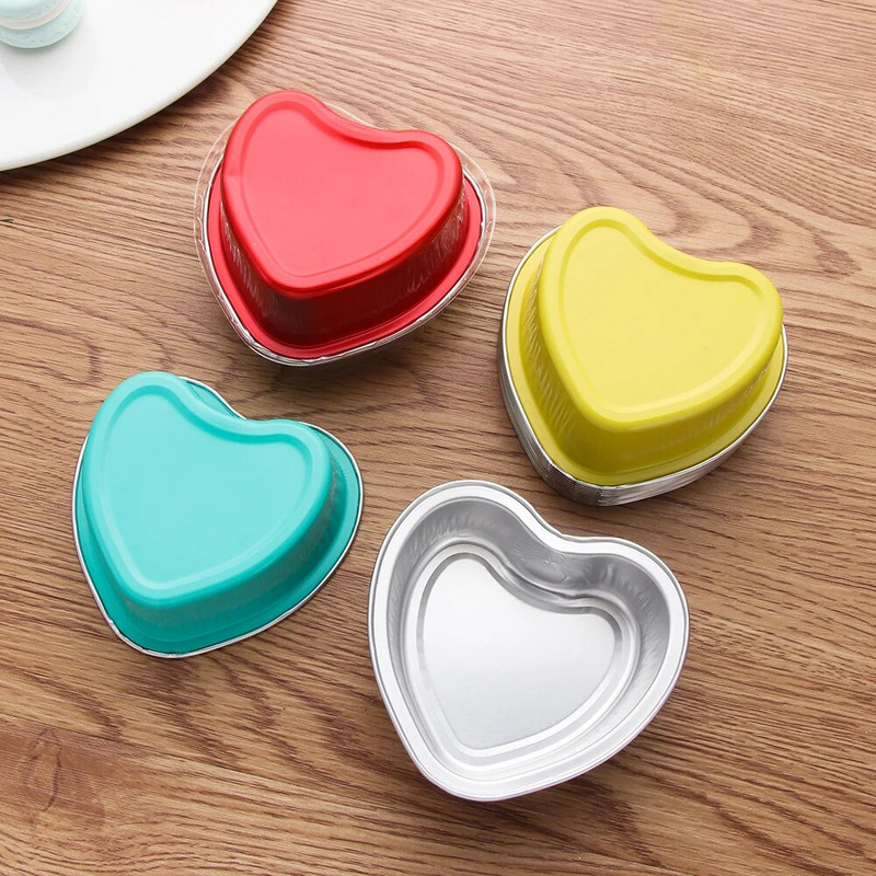 10 szett 100 ml-es alumínium fólia tortaforma szív alakú cupcake csésze fedővel, lapos tepsi anyák napi esküvői születésnapra