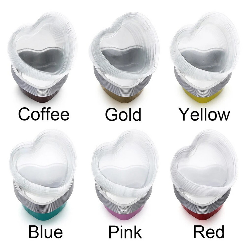 10 szett 100 ml-es alumínium fólia tortaforma szív alakú cupcake csésze fedővel, lapos tepsi anyák napi esküvői születésnapra