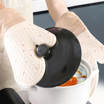 1 БР. Ръкавици за кухненска фурна Силиконови и памучни двуслойни топлинни ръкавици/Ръкавици за гореща фурна за барбекю/Устойчиви на грил ръкавици