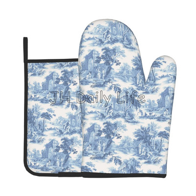 Francúzske Toile de Jouy s námorníckym modrým motívom, žiaruvzdorné rukavice a chňapky do rúry, sady chňapiek a chňapiek na grilovanie, varenie, pečenie a grilovanie
