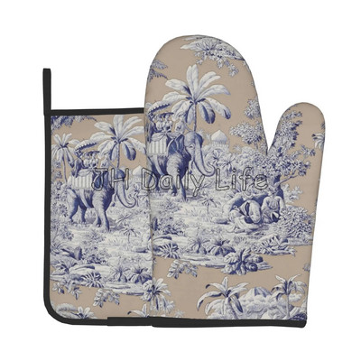 Francúzske Toile de Jouy s námorníckym modrým motívom, žiaruvzdorné rukavice a chňapky do rúry, sady chňapiek a chňapiek na grilovanie, varenie, pečenie a grilovanie