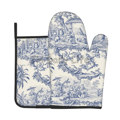 Francúzske Toile de Jouy s námorníckym modrým motívom, žiaruvzdorné rukavice a chňapky do rúry, sady chňapiek a chňapiek na grilovanie, varenie, pečenie a grilovanie