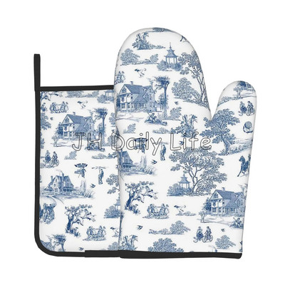 Francúzske Toile de Jouy s námorníckym modrým motívom, žiaruvzdorné rukavice a chňapky do rúry, sady chňapiek a chňapiek na grilovanie, varenie, pečenie a grilovanie