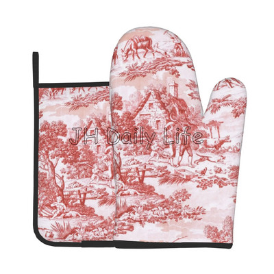 Francúzske Toile de Jouy s námorníckym modrým motívom, žiaruvzdorné rukavice a chňapky do rúry, sady chňapiek a chňapiek na grilovanie, varenie, pečenie a grilovanie