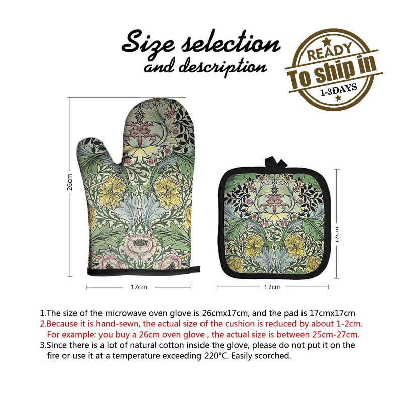 Rastlinný vzor polyesterové rukavice na pečenie, žiaruvzdorné rukavice na pečenie a podložka do kuchyne, retro vzor, izolované rukavice