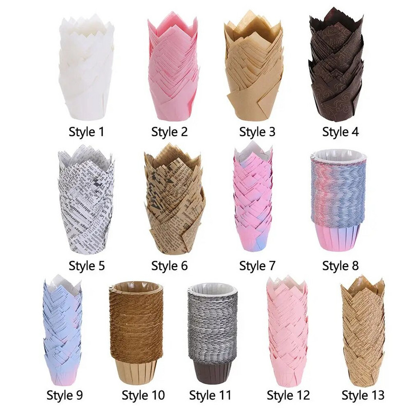 50 vnt. Riebalams atsparus popierinis pyrago puodelio padėklas Kekselių įdėklai Kekselių popieriniai tulpių kepimo puodeliai Pyragai Muffin puodeliai Kepiniai Tešlos įrankiai