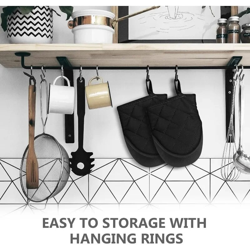 1 pár krátkych kuchynských chňapiek, silikónové kuchynské rukavice do rúry, vysoko tepelne odolné 500℉ s protišmykovým povrchom a závesným pútkom, čierne