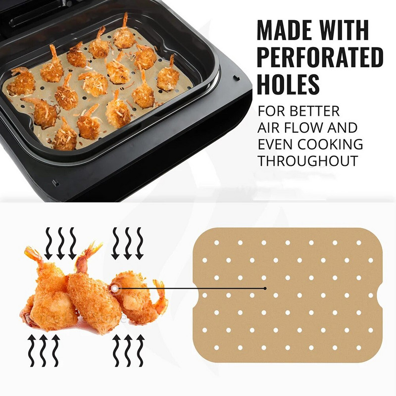 50/100 ks jednorazové papierové vložky do fritézy, obdĺžnikové s/bez otvorov, pergamenové pre príslušenstvo do fritézy Ninja Foodi s dvojitým košíkom