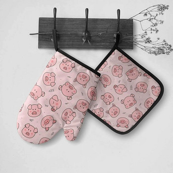 Розово прасе Топлоустойчиви ръкавици за фурна и комплекти поставки за тенджери Неплъзгащи се кухненски ръкавици Горещи подложки с вътрешен памучен слой за готвене на барбекю