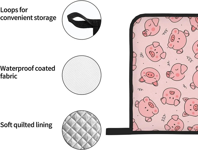 Ružové prasiatko, žiaruvzdorné rukavice a chňapky do rúry, protišmykové kuchynské rukavice, horúce podložky s vnútornou bavlnenou vrstvou na varenie a grilovanie