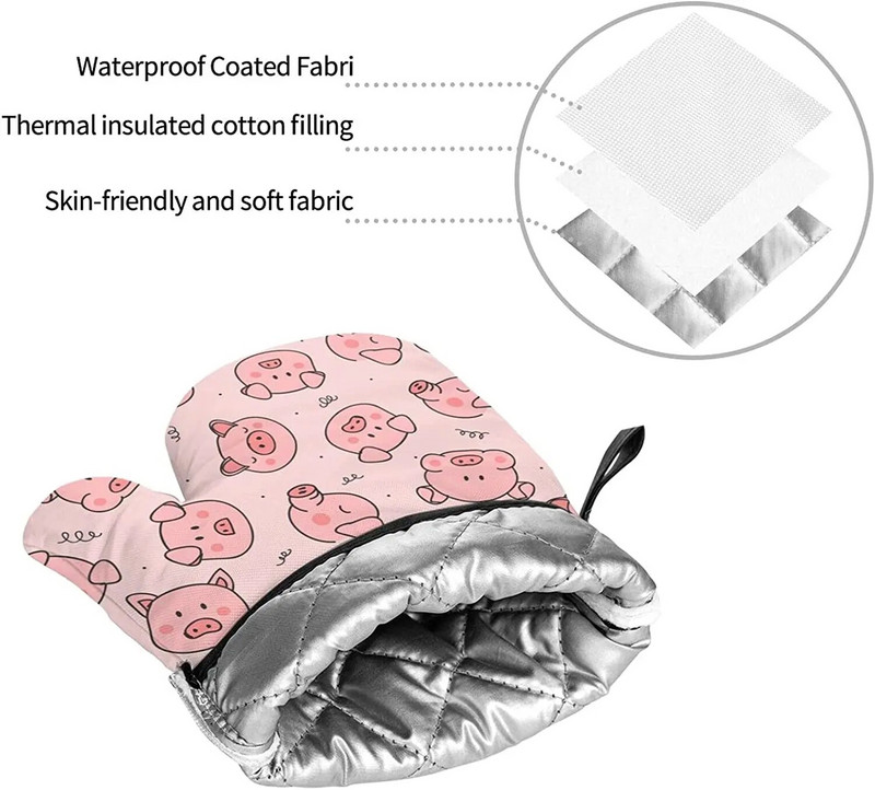 Ružové prasiatko, žiaruvzdorné rukavice a chňapky do rúry, protišmykové kuchynské rukavice, horúce podložky s vnútornou bavlnenou vrstvou na varenie a grilovanie