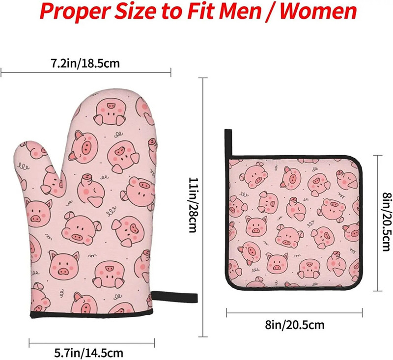 Ružové prasiatko, žiaruvzdorné rukavice a chňapky do rúry, protišmykové kuchynské rukavice, horúce podložky s vnútornou bavlnenou vrstvou na varenie a grilovanie