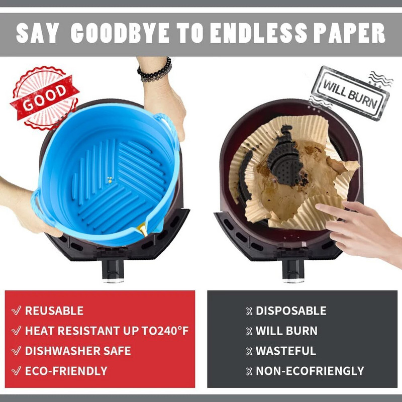 Õhkfritüüri silikoonkorv ümmargune korduvkasutatav kokkupandav Bpa-vaba 20 cm/22 cm õhufritüüri vormivoodri tarvikud