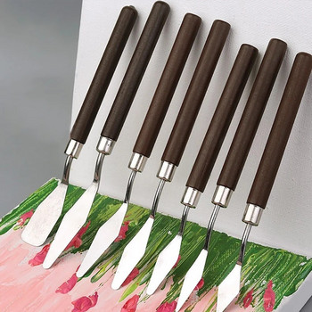 7Pcs Художествена шпатула Мека боя Маслена живопис Дървена дръжка Набор от палетни ножове Шпатула за рисуване с гваш