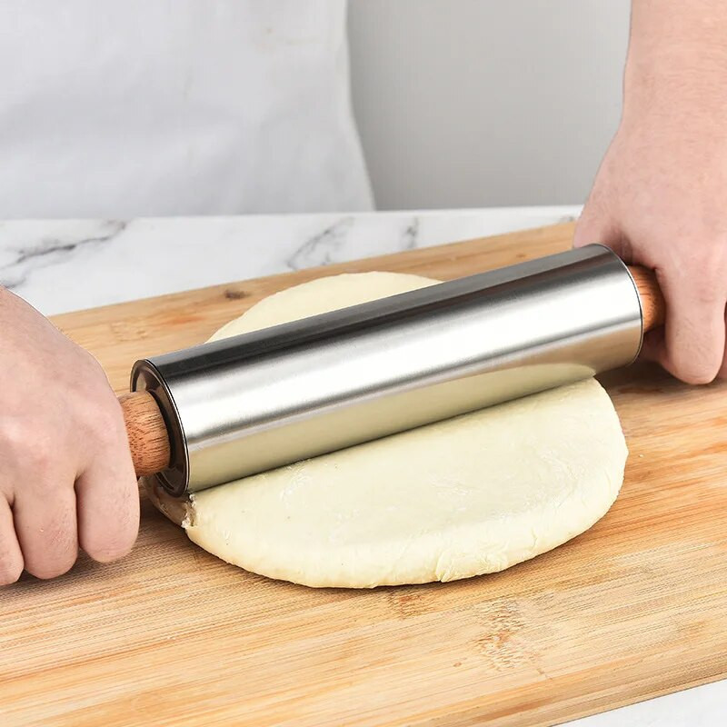 Sucitor antiaderent din oțel inoxidabil, tot din oțel, mâner din lemn, rotație de 360°, bețișoare de presare pentru făină, gadgeturi creative pentru coacere de bucătărie