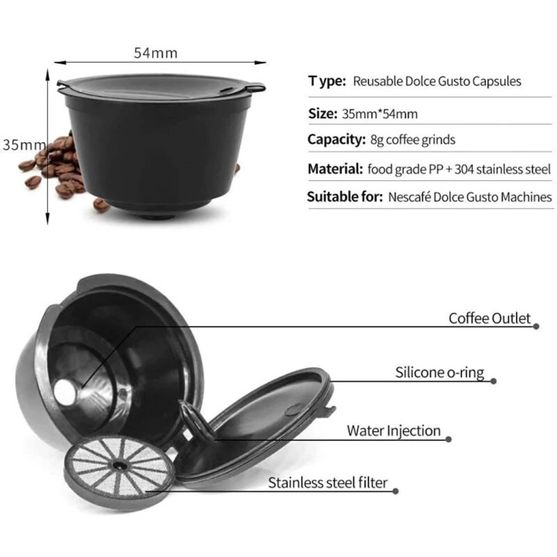 Atkārtoti lietojamu kafijas filtru komplekts Uzpildāmas kafijas kapsulas, kastītes Dolce Gusto kafijas automātam ar karoti un tīrīšanas otu 2/4/6 gab.