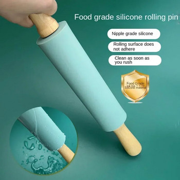 Дървена дръжка Силиконова точилка Незалепващ фондан Валяк за тесто за сладкиши Кухненски бисквити Cupcake Инструменти за печене на паста
