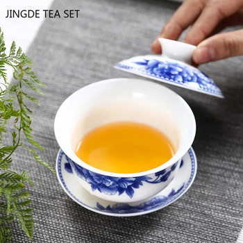 Чаша за чай Gaiwan от бял порцелан Jingdezhen Синьо-бял порцеланов чайник Керамична ръчно рисувана купа за чай Сервиз за чай Консумативи
