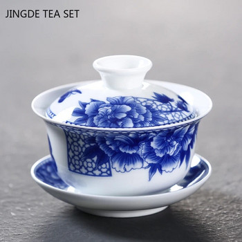 Чаша за чай Gaiwan от бял порцелан Jingdezhen Синьо-бял порцеланов чайник Керамична ръчно рисувана купа за чай Сервиз за чай Консумативи