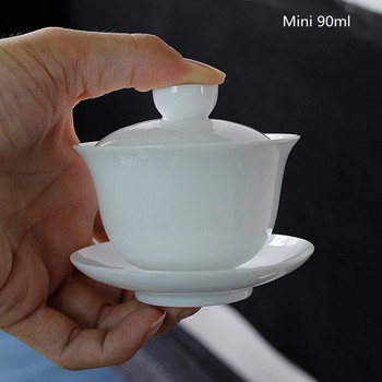 90 ml Suet Jade Porcelain Gaiwan For Tea Тънка бяла супница с капак Чаени съдове за пътуване Mini Kung Fu Чаен комплект Чаша Купички Малки Chawan