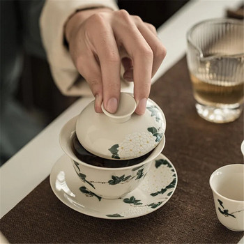 Керамичен ръчно изработен Kung Fu Gaiwan Творчески ръчно рисуван чаен супник с хризантема Сервиз за чай Офис купа за чай с чинийка Прибори за пиене