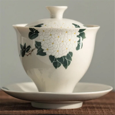Keramikinis rankų darbo Kung Fu Gaiwan Creative rankomis dažytas chrizantemų arbatos arbatos arbatos rinkinys Biuro arbatos dubuo su lėkšte gėrimais