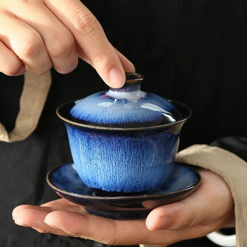 Jianzhan Чаша за чай Порцеланова Gaiwan Чинийка Изящна звездно небе Глазирана керамика Gaiwan Kiln Трансформиращ се капак Купа за супа с капак