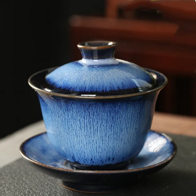 Jianzhan teetass portselanist Gaiwani alustass Peen tähistaevaga klaasitud keraamiline Gaiwani ahju ümberkujundamine kaanega kausisupp koos kaanega
