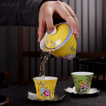 150 ml Jingdezhen Ceramic Gaiwan Exquisite Enamel Color Tea Set Китайска чаша за чай с капак Домашен чай Infuser Персонализирани чайни подаръци