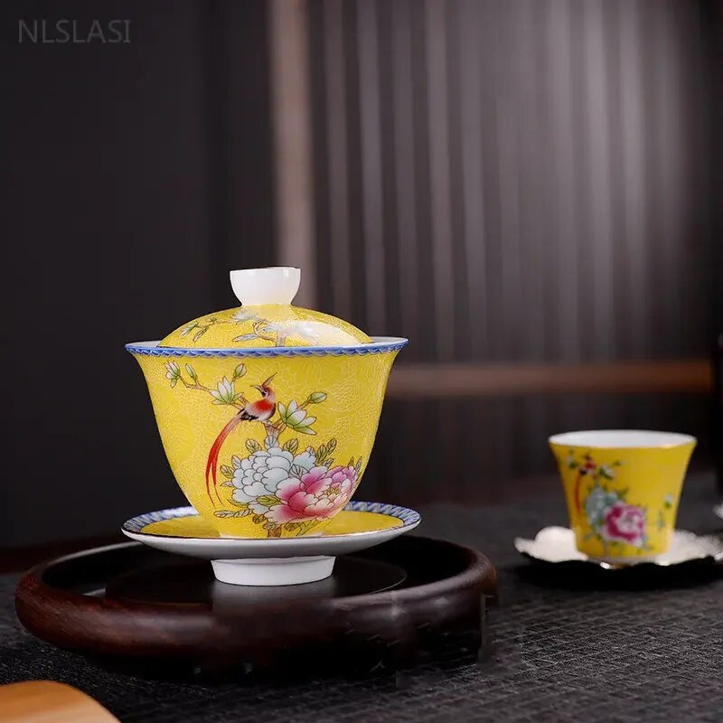 150 ml Jingdezhen Ceramic Gaiwan Exquisite Enamel Color Teekomplekt Hiina teetass koos kaanega Kodutee infusiooniseadmega Kohandatud teenõud kingitused
