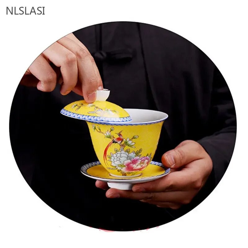 150 ml Jingdezhen Ceramic Gaiwan Exquisite Enamel Color Teekomplekt Hiina teetass koos kaanega Kodutee infusiooniseadmega Kohandatud teenõud kingitused