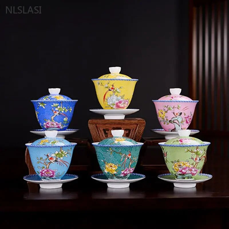 150 ml Jingdezhen Ceramic Gaiwan Exquisite Enamel Color Teekomplekt Hiina teetass koos kaanega Kodutee infusiooniseadmega Kohandatud teenõud kingitused