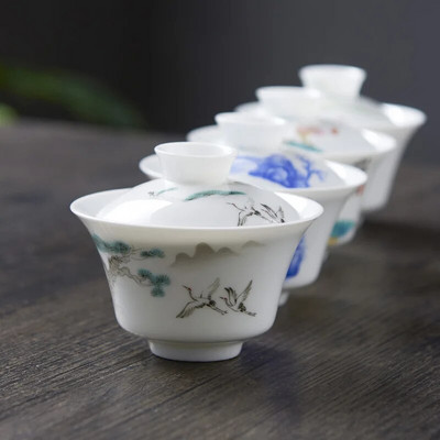 Китайски традиции Gai Wan Сервиз за чай Чаени сервизи от костен Китай Dehua Gaiwan Tea Комплект порцеланова тенджера за пътуване Красив и лесен чайник