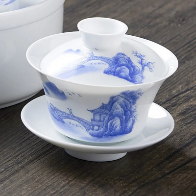 Китайски традиции Gai Wan Сервиз за чай Чаени сервизи от костен Китай Dehua Gaiwan Tea Комплект порцеланова тенджера за пътуване Красив и лесен чайник